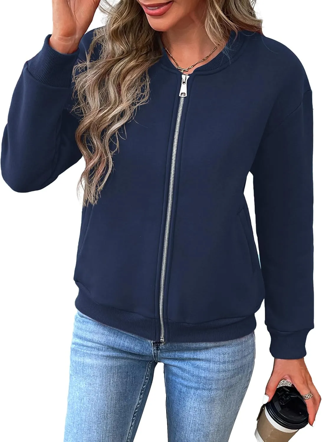 Women's Zip Up Sweatshirts Jackets Long Sleeve Bomber Jacket Casual Outwear with Pockets