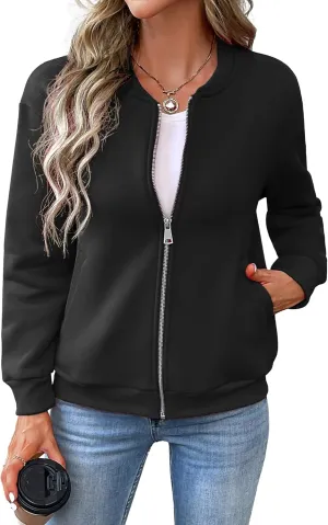 Women's Zip Up Sweatshirts Jackets Long Sleeve Bomber Jacket Casual Outwear with Pockets