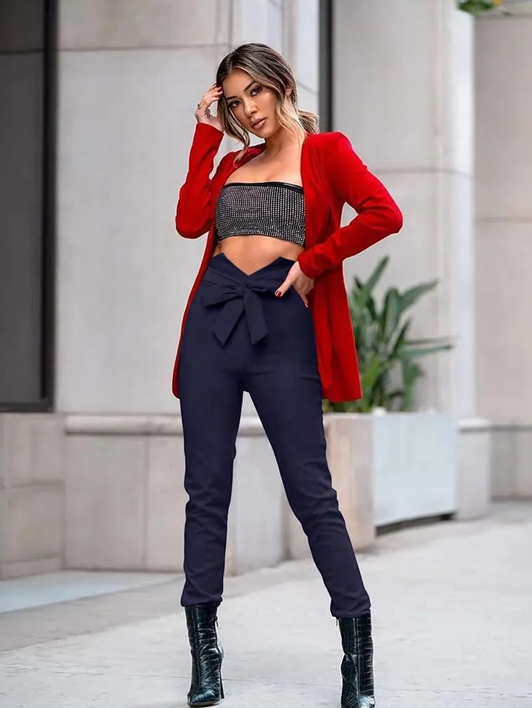 XXTAXN Women's Casual High Waist Stretch Trousers Solid Pencil Pants with Tie