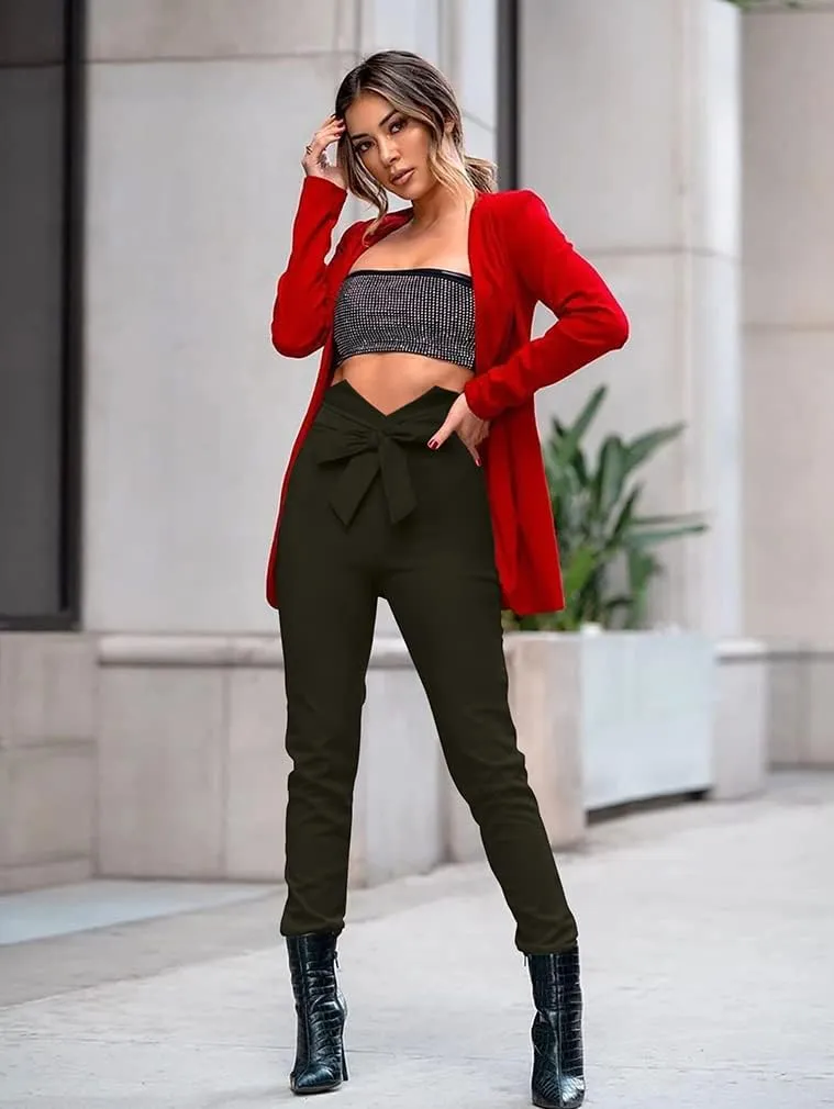 XXTAXN Women's Casual High Waist Stretch Trousers Solid Pencil Pants with Tie