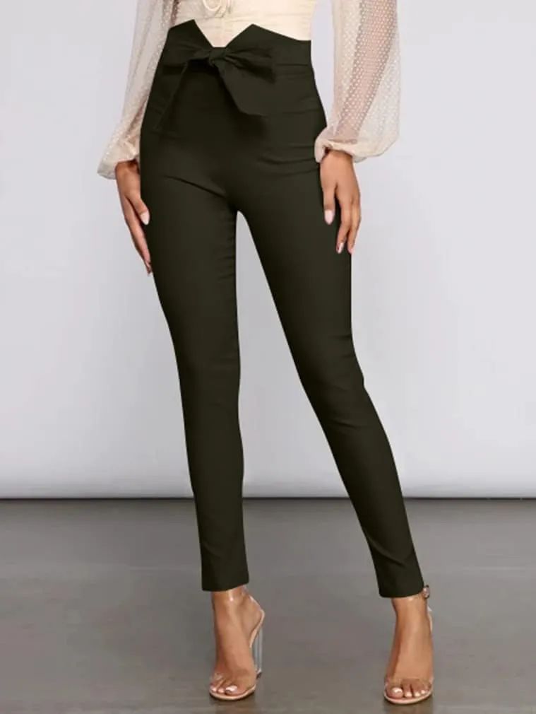 XXTAXN Women's Casual High Waist Stretch Trousers Solid Pencil Pants with Tie