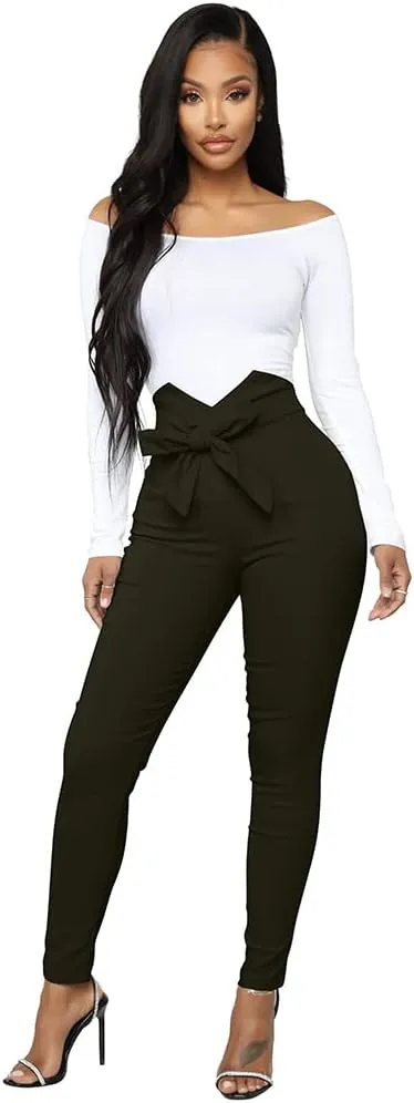 XXTAXN Women's Casual High Waist Stretch Trousers Solid Pencil Pants with Tie