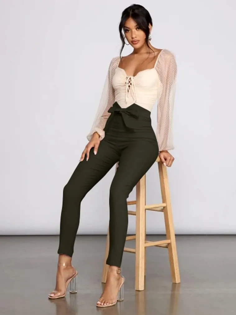XXTAXN Women's Casual High Waist Stretch Trousers Solid Pencil Pants with Tie