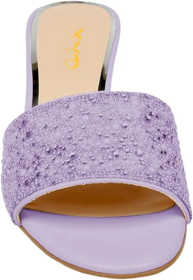 XYD Women Comfy Open Toe Rhinestones Pearl Slip On Mule Sandals Mid Chunky Heel Slide Slippers Daily Casual Outdoor Dress Shoes