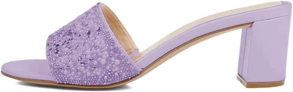 XYD Women Comfy Open Toe Rhinestones Pearl Slip On Mule Sandals Mid Chunky Heel Slide Slippers Daily Casual Outdoor Dress Shoes