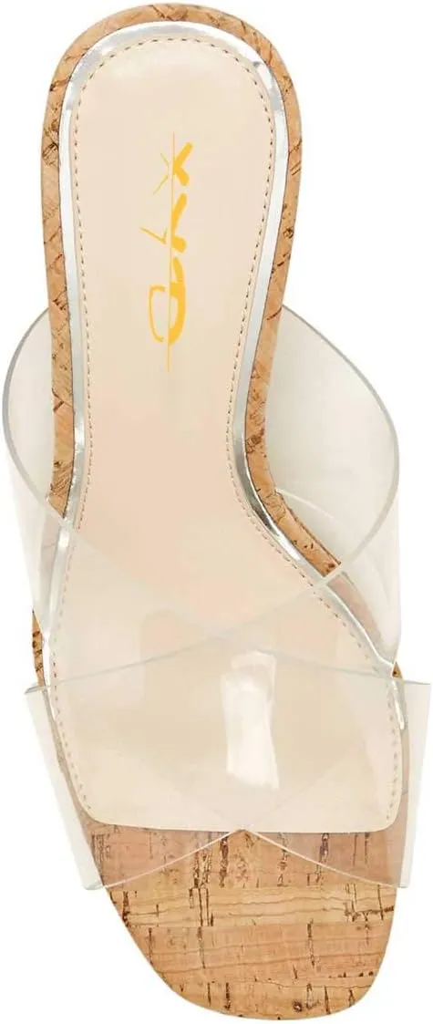 XYD Women Comfy Platform High Heel Sandals Clear Crisscross Strappy Cork Wedges Peep Toe Slip on Dress Vacation Shopping Mules