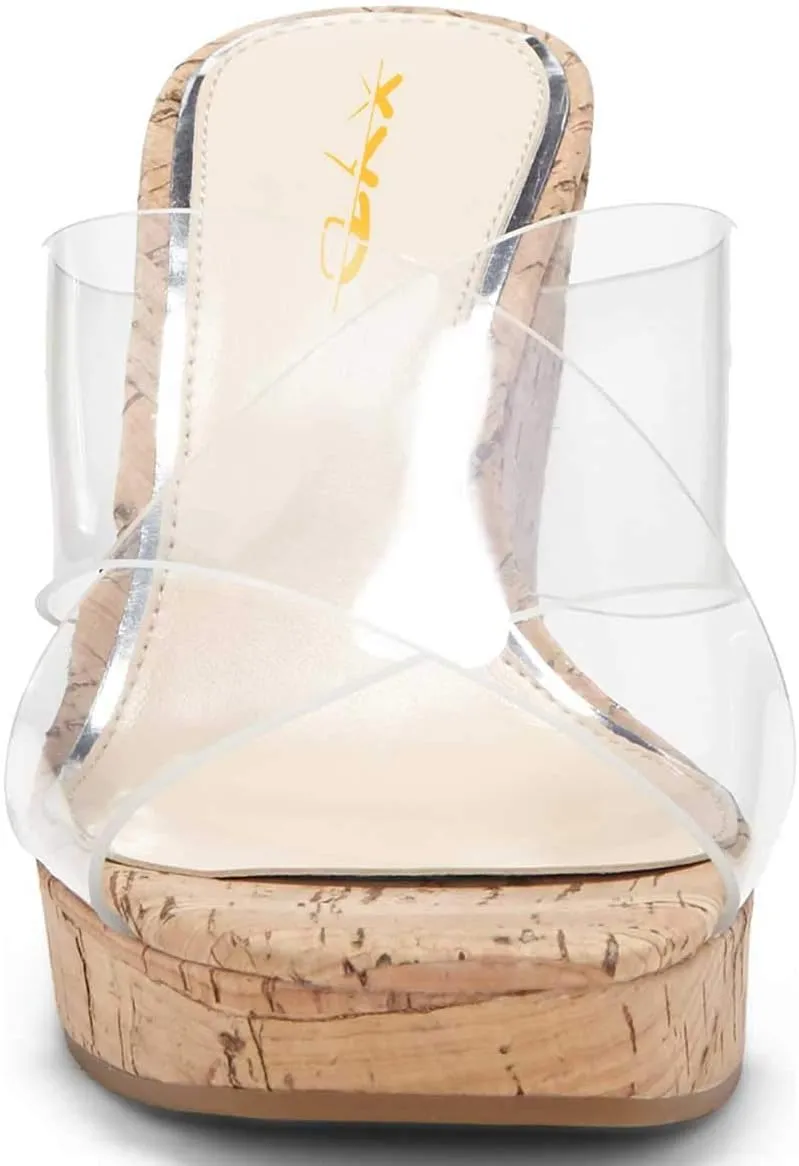 XYD Women Comfy Platform High Heel Sandals Clear Crisscross Strappy Cork Wedges Peep Toe Slip on Dress Vacation Shopping Mules