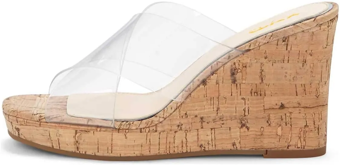 XYD Women Comfy Platform High Heel Sandals Clear Crisscross Strappy Cork Wedges Peep Toe Slip on Dress Vacation Shopping Mules