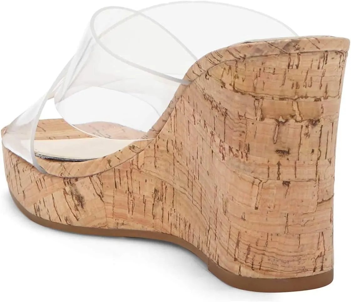 XYD Women Comfy Platform High Heel Sandals Clear Crisscross Strappy Cork Wedges Peep Toe Slip on Dress Vacation Shopping Mules