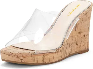 XYD Women Comfy Platform High Heel Sandals Clear Crisscross Strappy Cork Wedges Peep Toe Slip on Dress Vacation Shopping Mules