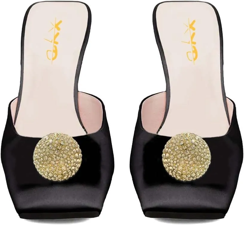 XYD Women Mid Chunky Crystal Heel Mule Sandals Rhinestones Balls Closed Square Toe Slide Slippers Elegant Party Comfy Shoes