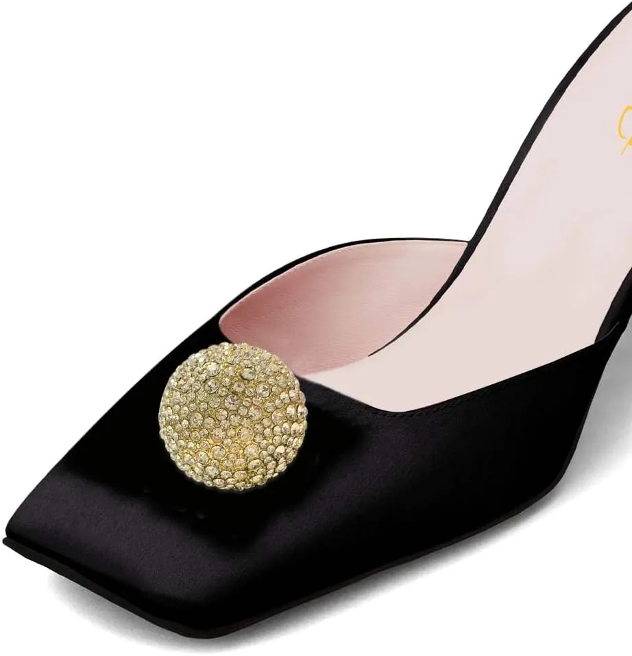 XYD Women Mid Chunky Crystal Heel Mule Sandals Rhinestones Balls Closed Square Toe Slide Slippers Elegant Party Comfy Shoes