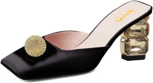 XYD Women Mid Chunky Crystal Heel Mule Sandals Rhinestones Balls Closed Square Toe Slide Slippers Elegant Party Comfy Shoes