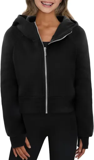 Yoklass Girls Zip Up Hoodie Croppred Sweatshirts Casual Long Sleeve Thumb Hole Jacket 4-13 Years
