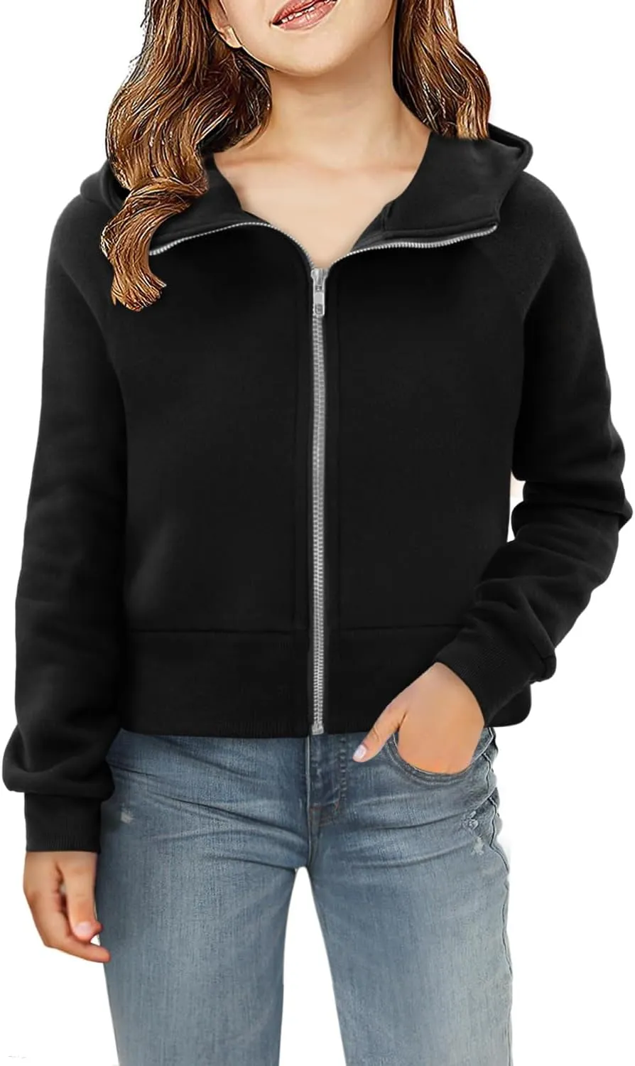Yoklass Girls Zip Up Hoodie Croppred Sweatshirts Casual Long Sleeve Thumb Hole Jacket 4-13 Years
