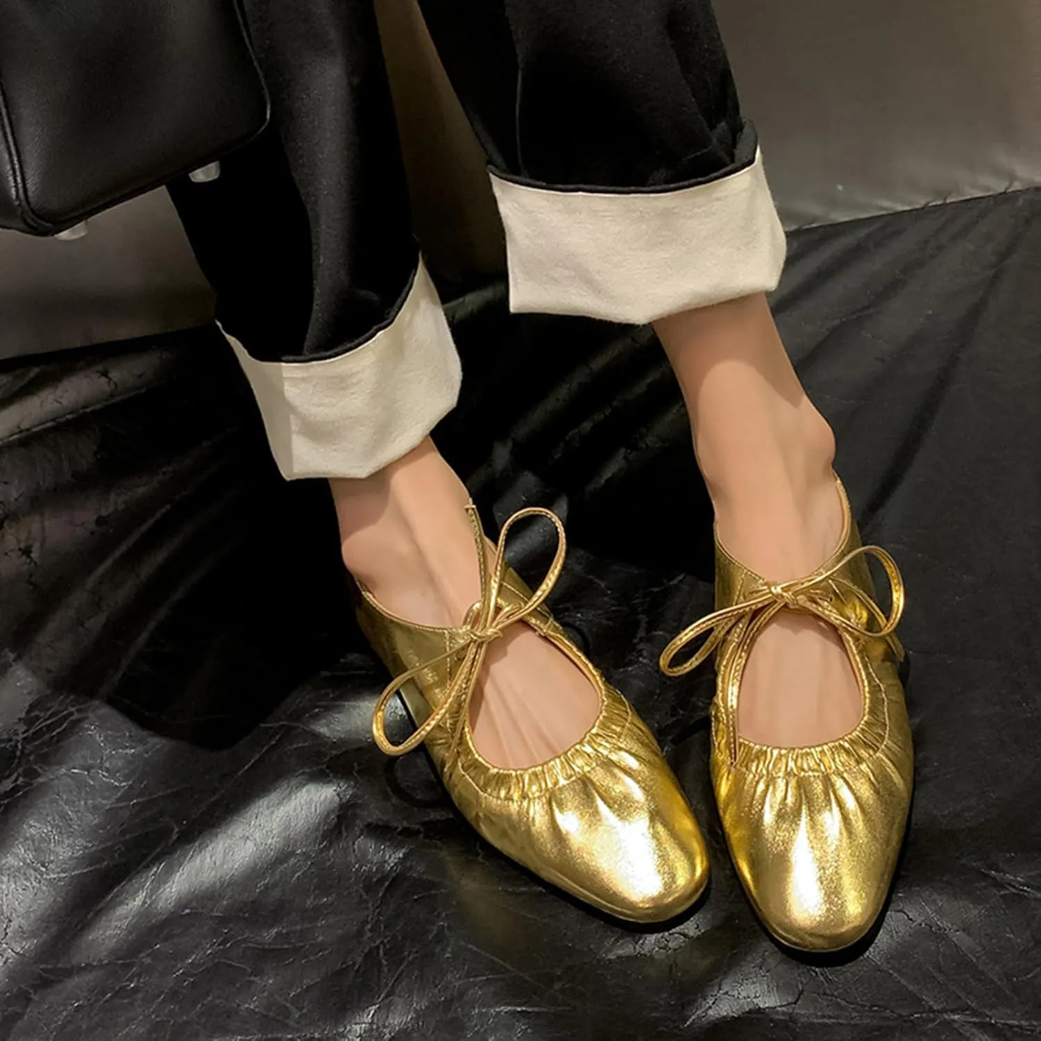 Zeberfi Women's Shiny Leather Mary Jane Flats Fashion Lace Up Closed Round Toe Shallow Mouth Ballet Shoes Retro Comfortable Lightweight Casual Shoes