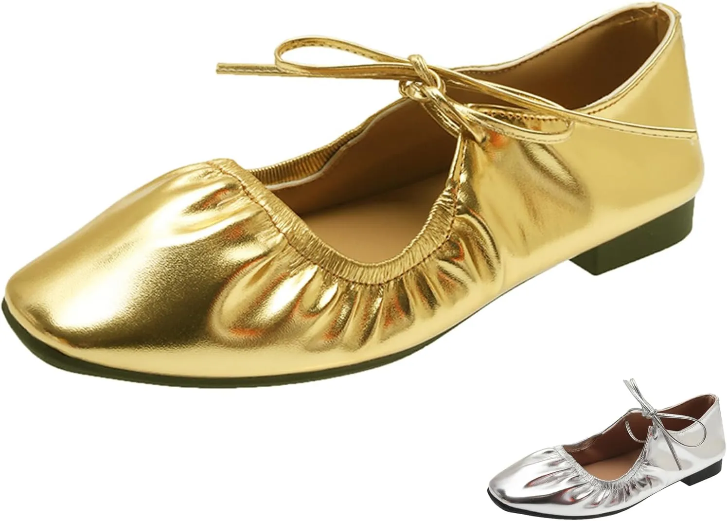 Zeberfi Women's Shiny Leather Mary Jane Flats Fashion Lace Up Closed Round Toe Shallow Mouth Ballet Shoes Retro Comfortable Lightweight Casual Shoes