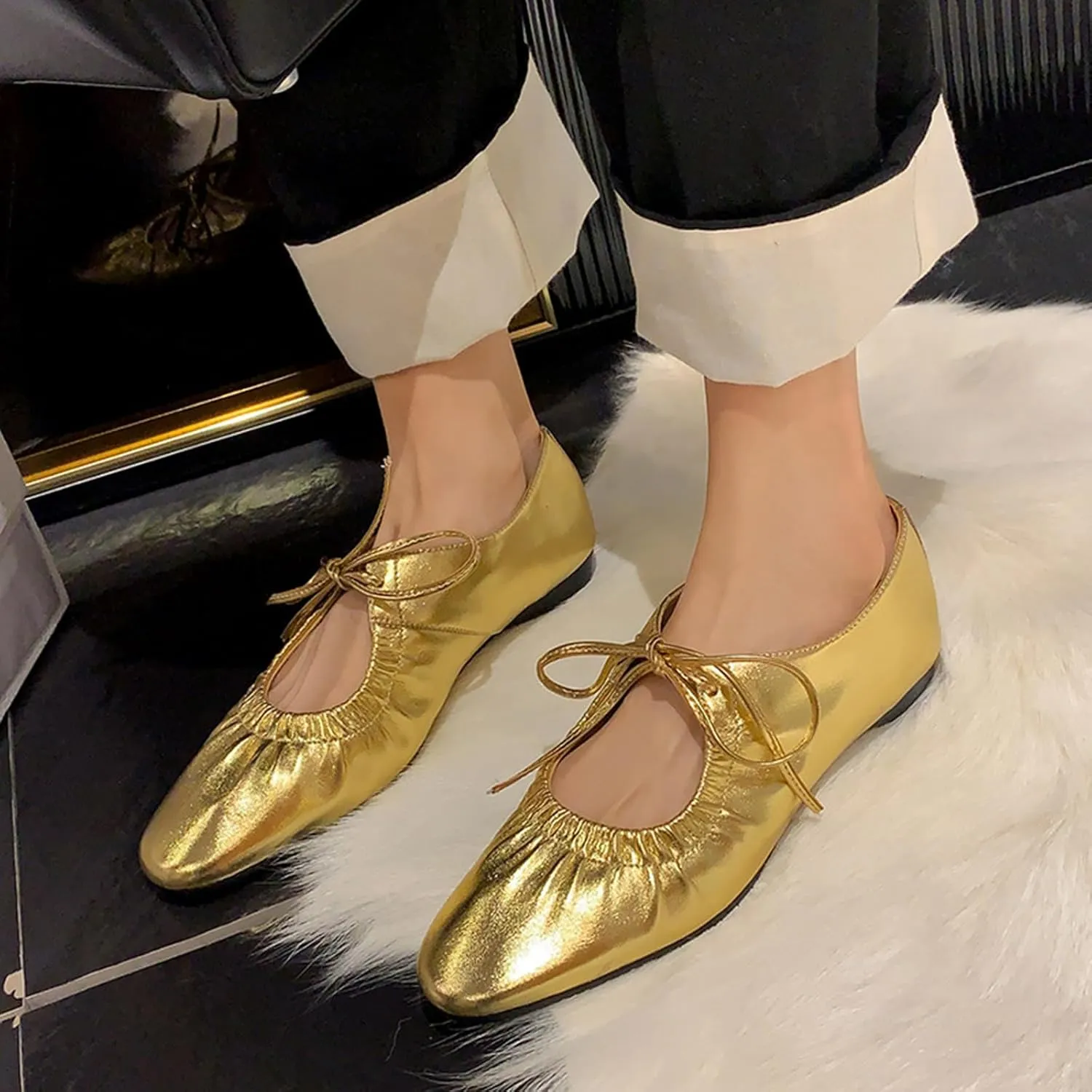 Zeberfi Women's Shiny Leather Mary Jane Flats Fashion Lace Up Closed Round Toe Shallow Mouth Ballet Shoes Retro Comfortable Lightweight Casual Shoes