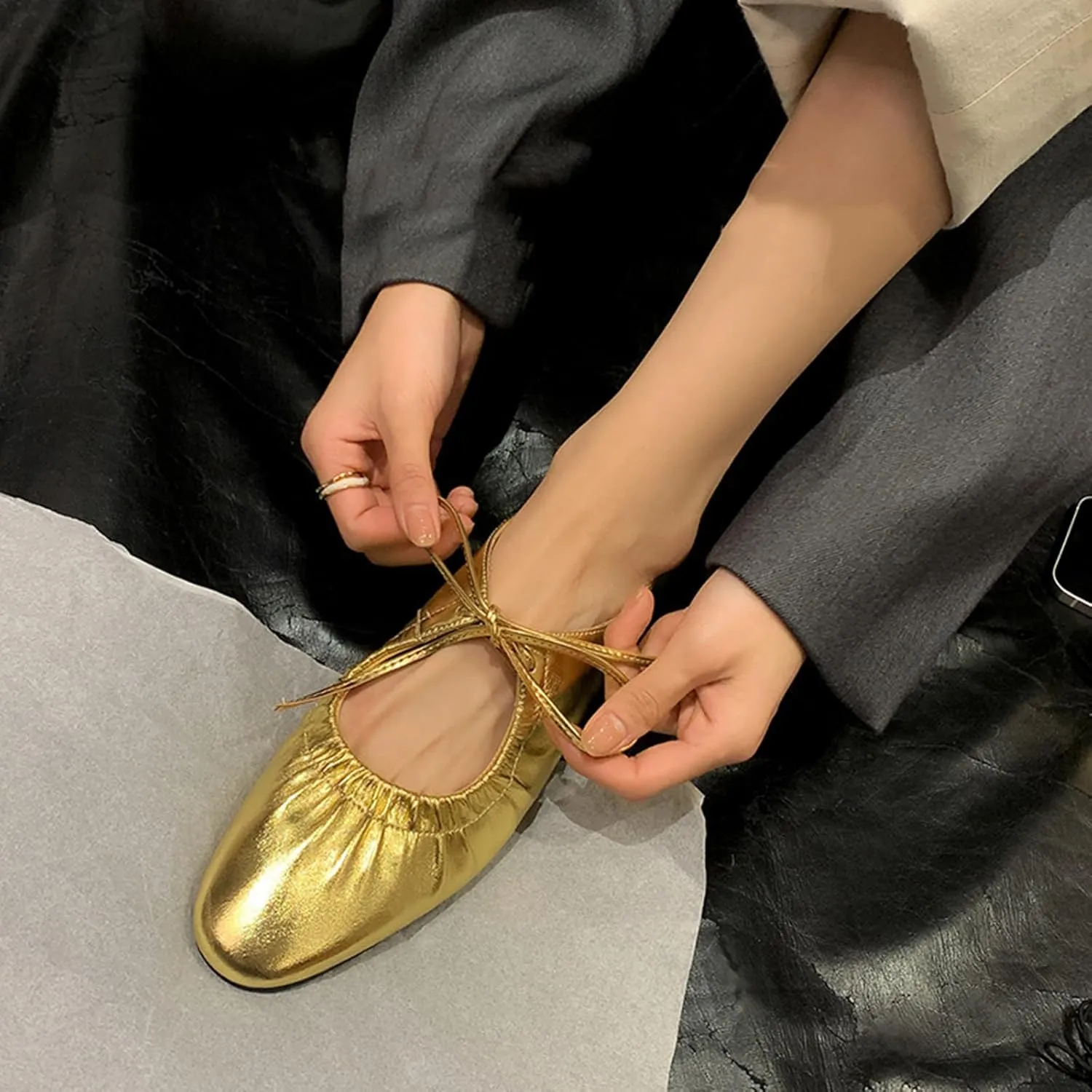 Zeberfi Women's Shiny Leather Mary Jane Flats Fashion Lace Up Closed Round Toe Shallow Mouth Ballet Shoes Retro Comfortable Lightweight Casual Shoes