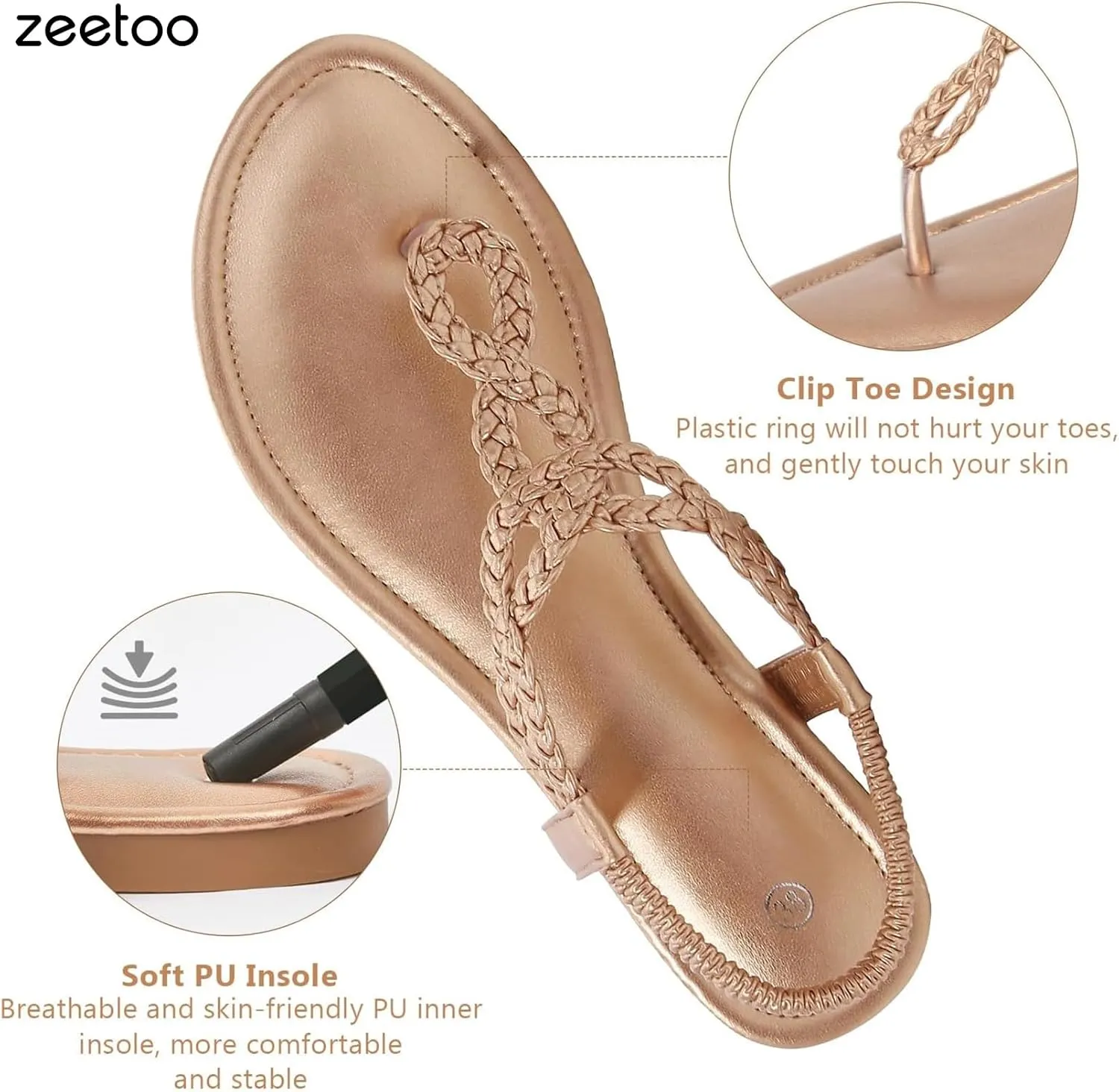 zeetoo Women's Flat Sandals Summer T-StrapThong Bohemian Casual Comfortable Dressy Sandals for Women