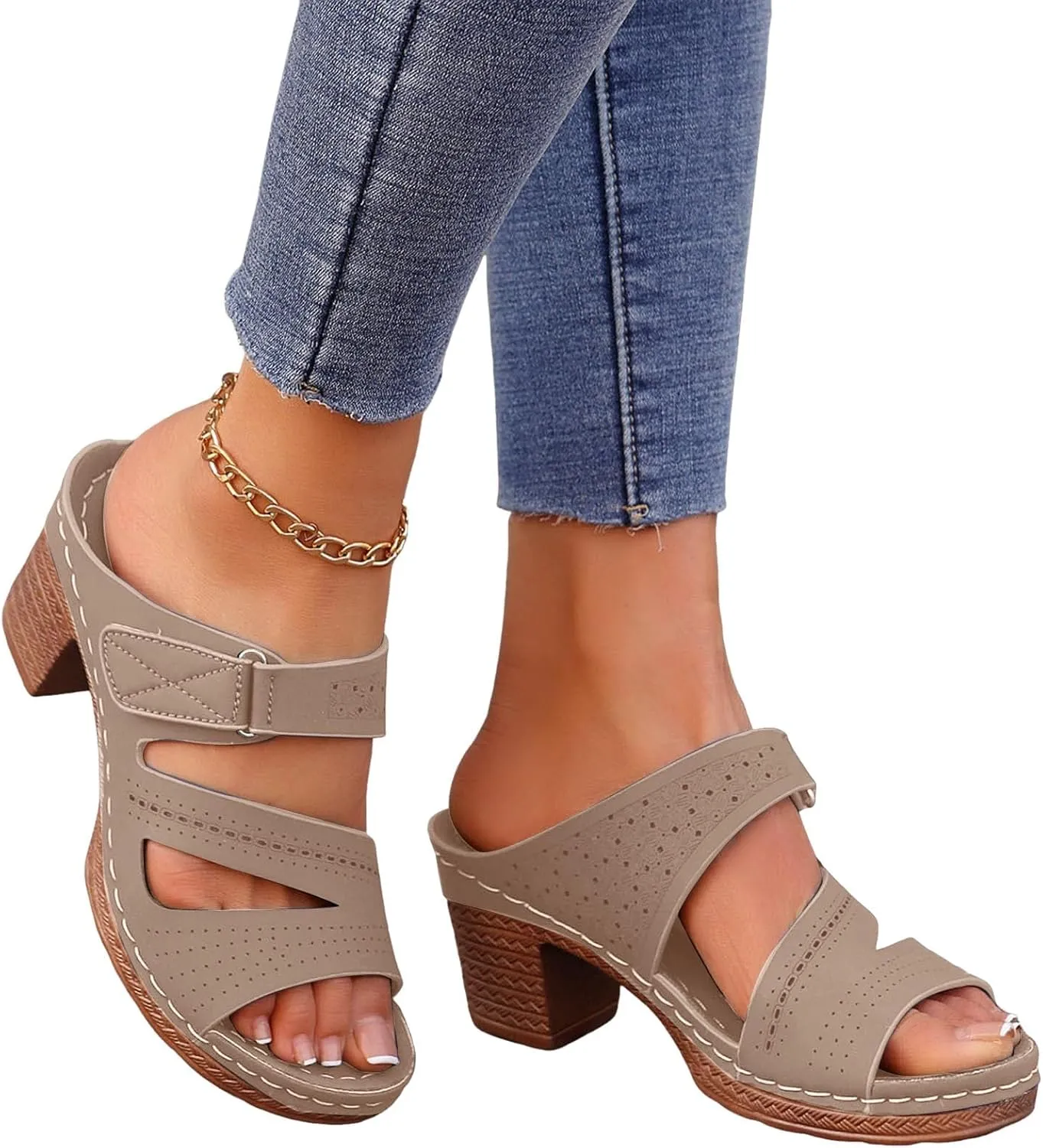 ZSpzx Summer Sandals For Women 2025,Women's Heeled Open Toe Slip On Block Womens Chunky Mid Heels Slippers Low Backless Mules Slide Ankle Strap Sandal Casual Comfortable Adjustable Walking Shoes