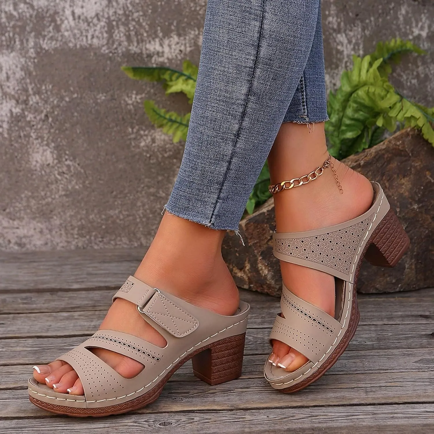 ZSpzx Summer Sandals For Women 2025,Women's Heeled Open Toe Slip On Block Womens Chunky Mid Heels Slippers Low Backless Mules Slide Ankle Strap Sandal Casual Comfortable Adjustable Walking Shoes