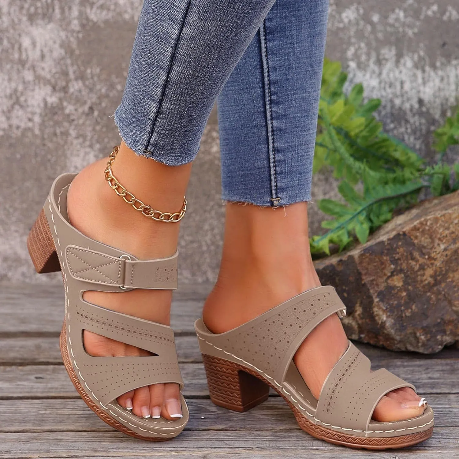 ZSpzx Summer Sandals For Women 2025,Women's Heeled Open Toe Slip On Block Womens Chunky Mid Heels Slippers Low Backless Mules Slide Ankle Strap Sandal Casual Comfortable Adjustable Walking Shoes