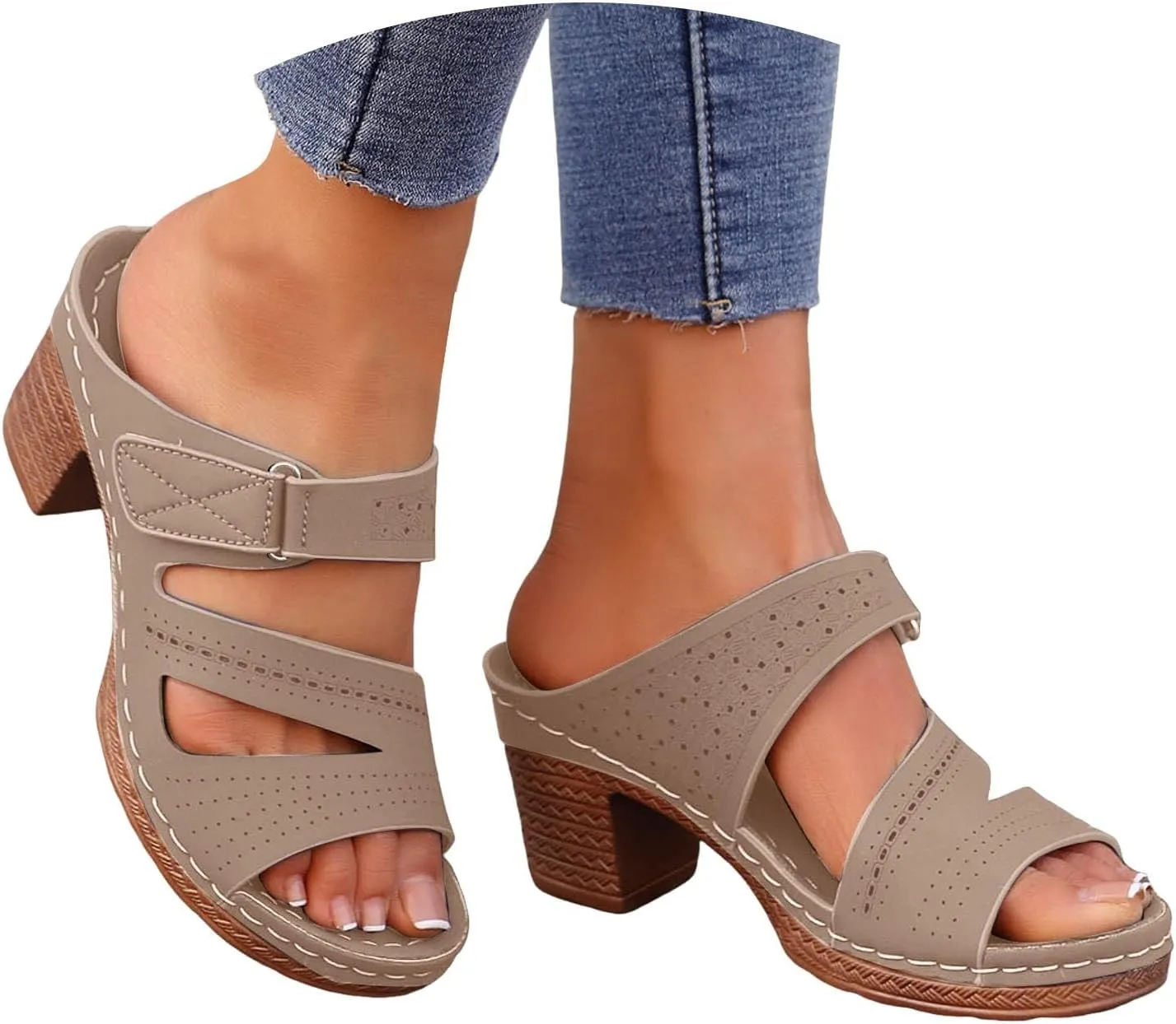 ZSpzx Summer Sandals For Women 2025,Women's Heeled Open Toe Slip On Block Womens Chunky Mid Heels Slippers Low Backless Mules Slide Ankle Strap Sandal Casual Comfortable Adjustable Walking Shoes