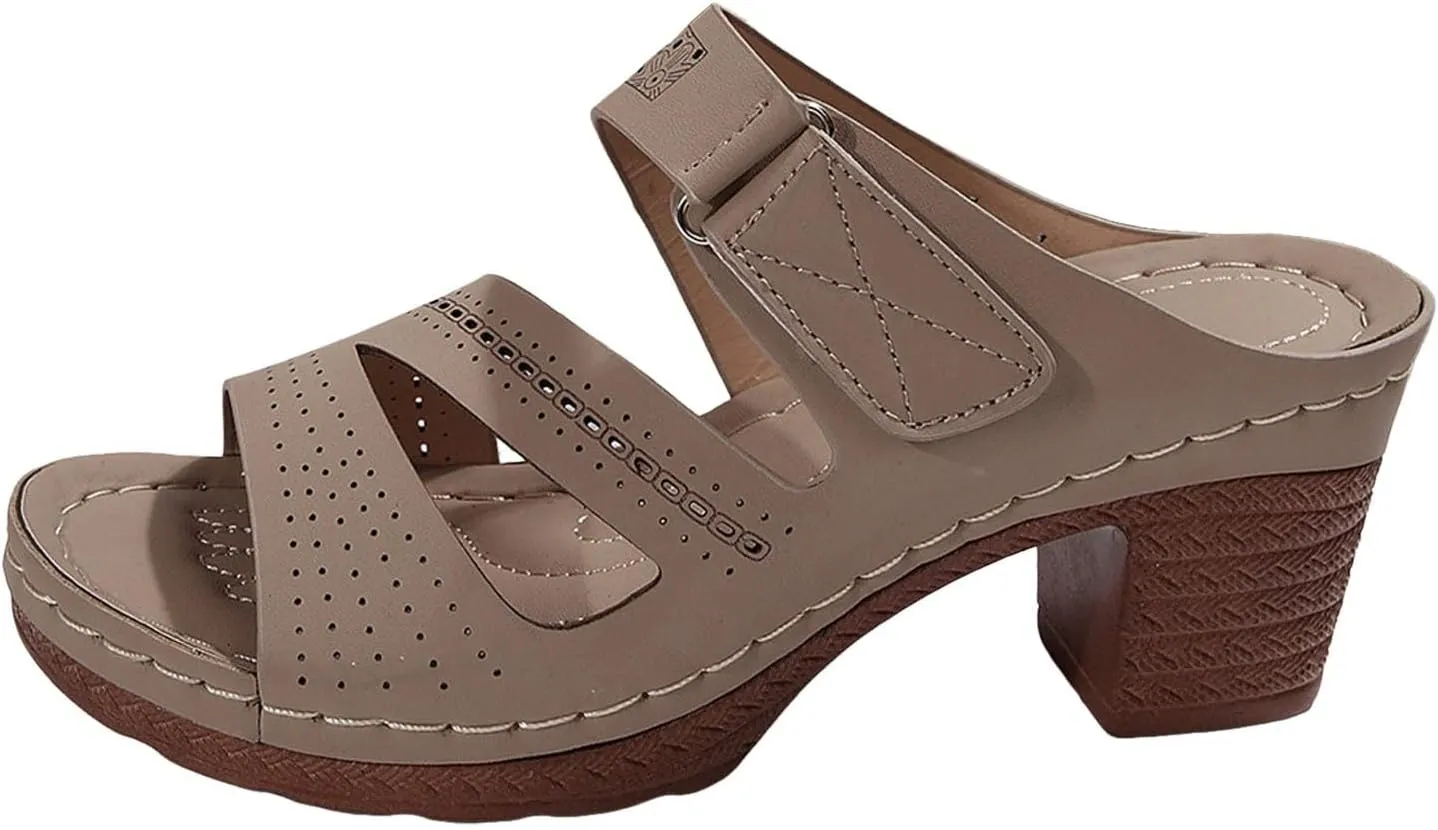 ZSpzx Summer Sandals For Women 2025,Women's Heeled Open Toe Slip On Block Womens Chunky Mid Heels Slippers Low Backless Mules Slide Ankle Strap Sandal Casual Comfortable Adjustable Walking Shoes