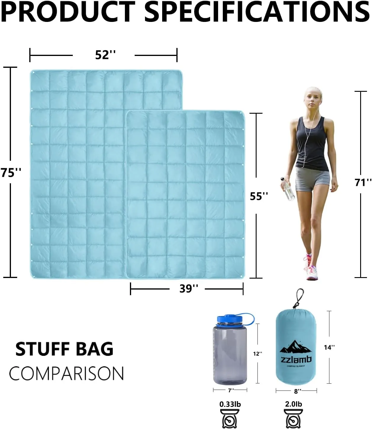zzlamb Camping Blanket, Compact Lightweight Soft Puffy Blanket Water-Repellent, Packable Warm Quilt Down Alternative Picnic Hiking Backpacking Beach Travel RV Airplane Couch Car