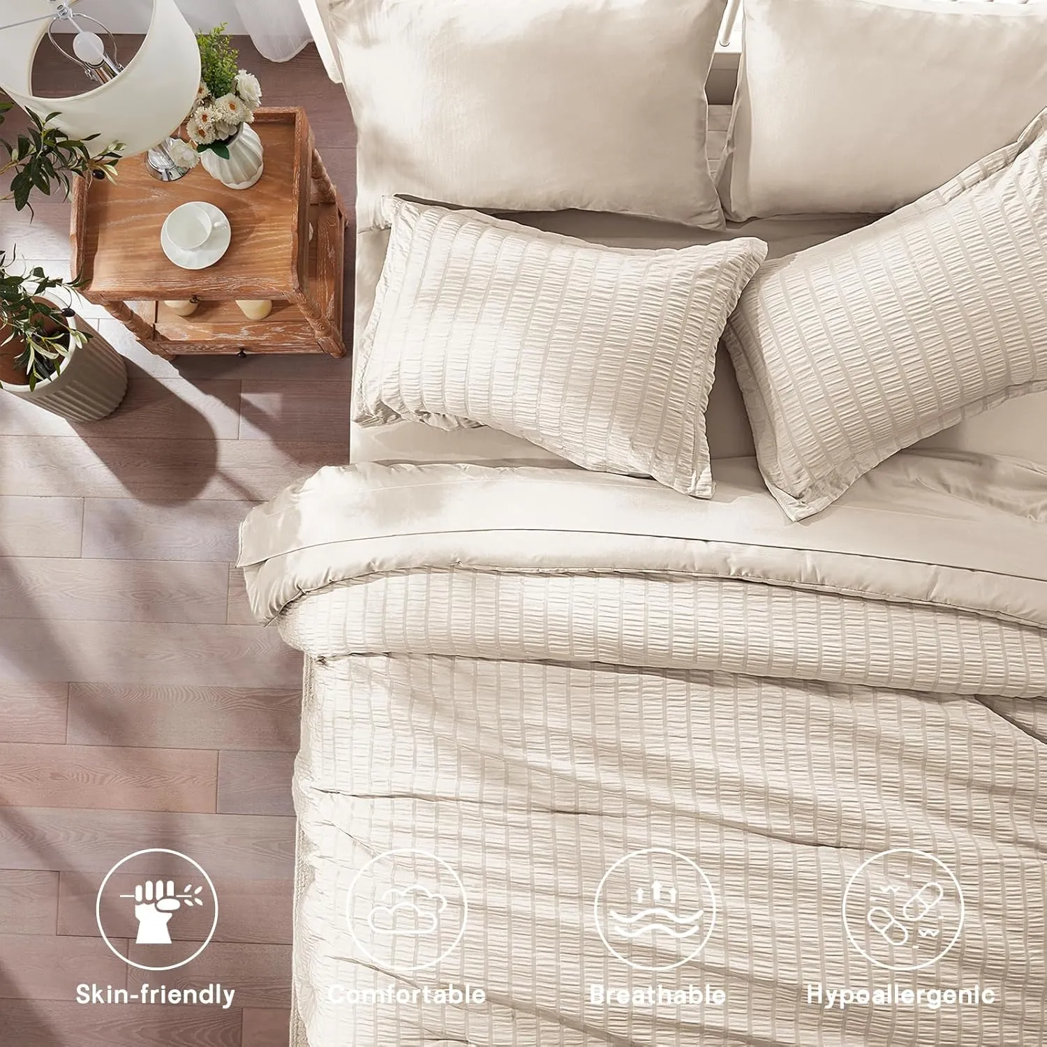 Zzlpp Beige Queen Comforter Set 7 Pieces, Seersucker Bed in a Bag for Bedroom, All Season Bedding Sets with 1 Comforter, 2 Pillow Shams, 2 Pillowcases, 1 Flat Sheet, 1 Fitted Sheet