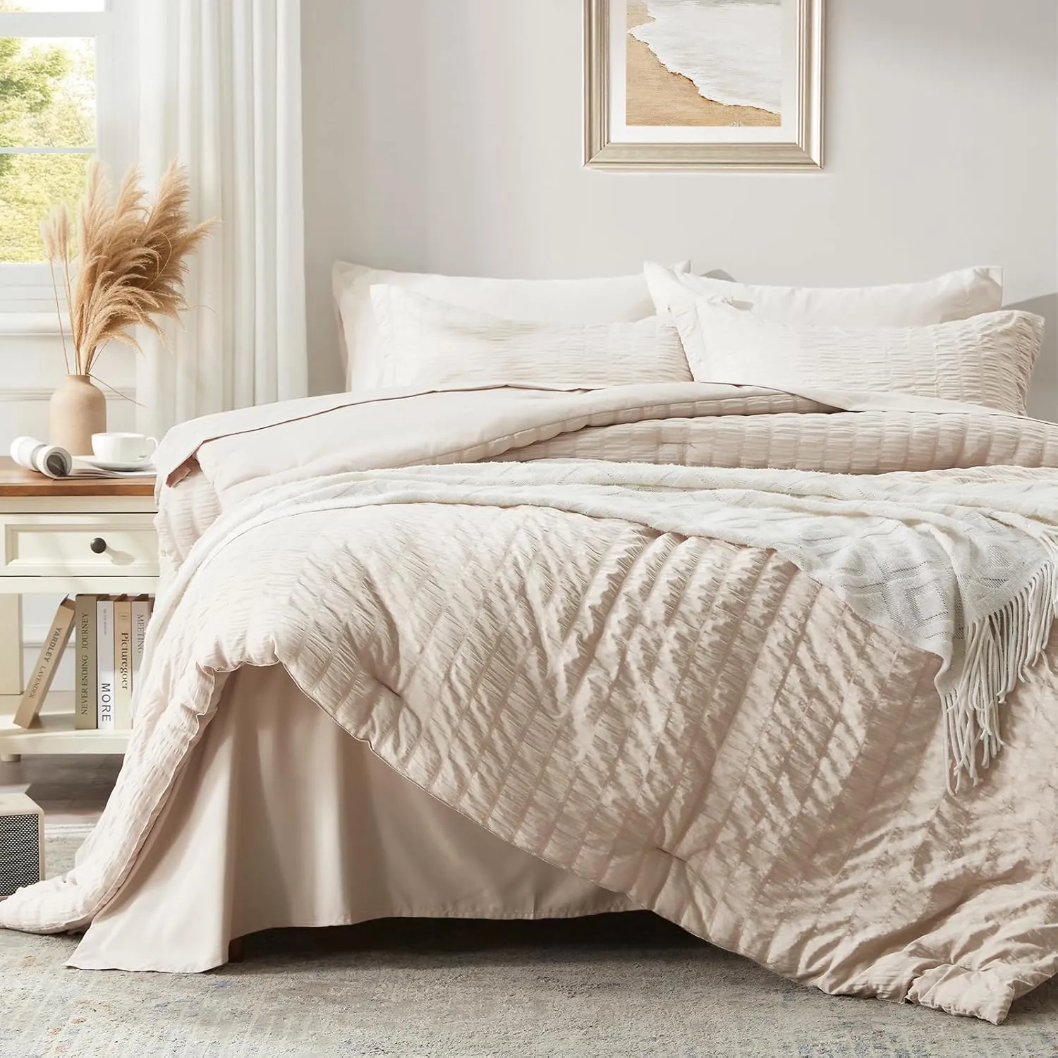 Zzlpp Beige Queen Comforter Set 7 Pieces, Seersucker Bed in a Bag for Bedroom, All Season Bedding Sets with 1 Comforter, 2 Pillow Shams, 2 Pillowcases, 1 Flat Sheet, 1 Fitted Sheet